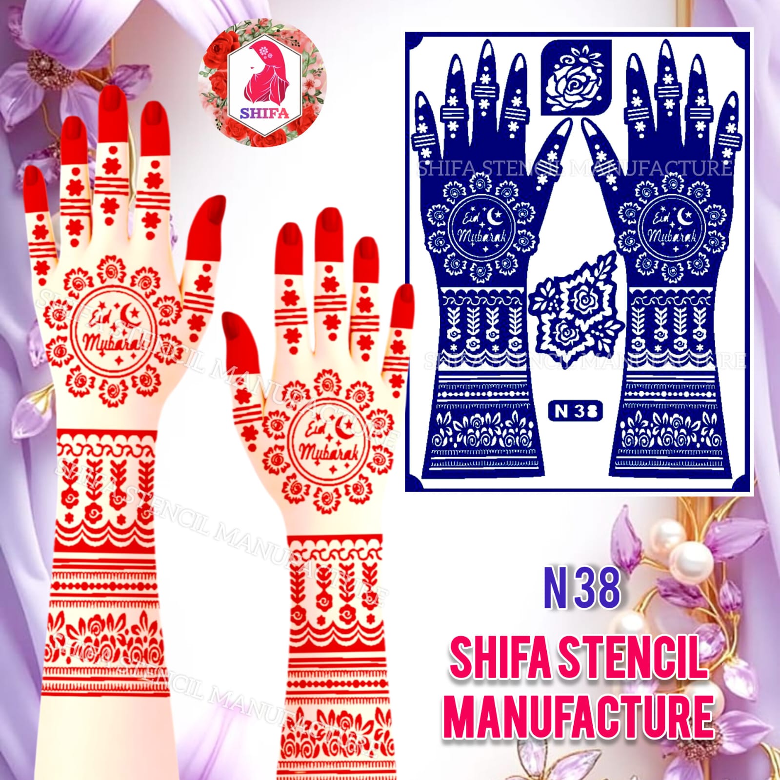 N 38 Mubarak Moon Floral Henna Sticker Overview Henna Stencil - Shifa Stencil